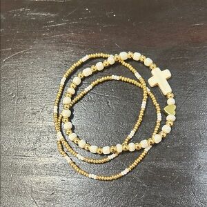 Gold and White Beaded Cross Bracelet